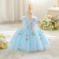 2025 Fairy Mori Style Green Princess Tutu Dress for Girls - First Birthday & Children's Evening 90cm/12-18 Months dangaus mėlyna spalva
