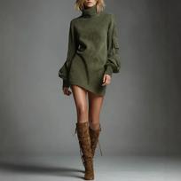Women's High-neck Suede Short Dress, Solid Color Long-sleeve Dress for Fall and Winter S gray