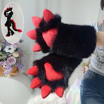 Plaukuotos drakono letenos pirštinės Cosplay kostiumo aksesuaras Minkštas pliušinis gyvūno rankos rekvizitas Anime konvencijos pasirodymas Furry Dragon Paw Glove - Black/Red gray