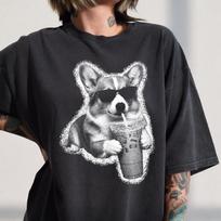 Funny Corgi Drinking Iced Coffee T-Shirt, Animal Meme Graphic Tee, Coffee Dog Shirt, Funny Corgi Shirt, Dog Lover Gift, Dog Mom Gift 110 gray