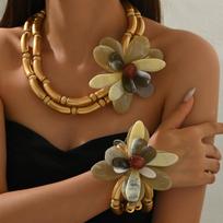 Bohemian Multi-layer Flower Bamboo Chain Multi-color Stamen Personalized Bracelet Necklace Set brown
