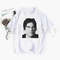 The Vampire Diaries Damon salvatore Tshirt Hip Hop Girl Print Top Tees Harajuku Tshirts Fashion Summer Tshirt 4XL white