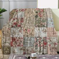 Vintažinis gėlėtas patchwork dygsniuotas pledas Minkštas languotas flanelis su rožinėmis, mėlynomis, smėlio spalvos gėlėmis sofai, lovai, kušetkei Size: 130*170cm, Weight: 230 GSM gray