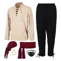 Men's Halloween Renaissance Costume Set Medieval Pirate Shirt Ankle Banded Pants Headband Belt Eyewear Earring Accessories S smėlis