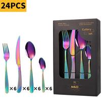 24 dalių nerūdijančio plieno stalo įrankių rinkinys su paauksuotais šaukštais, šakutėmis, peiliais, vakarienės dovanų dėžutė Rainbow Open Window Box - 24PCS