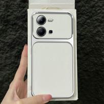 Premium Executive Leather Case for Vivo Y35 Large Window Lens Protector Cover Vivo Y35 4G balta