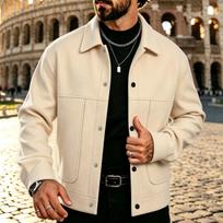Men's Lapel Collar Wool Blend Trucker Jacket Button Down Solid Color Casual Overshirt Coat with Big Flap Pockets XL abrikosas