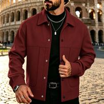 Men's Lapel Collar Wool Blend Trucker Jacket Button Down Solid Color Casual Overshirt Coat with Big Flap Pockets XXL vyno raudonos spalvos