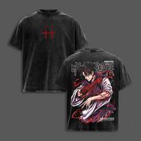 Tsukumo Yuki Printed Tee Anime Jujutsu Kaisen Clothing Men Women Retro Washed T-shirts Cotton Loose Tshirt Harajuku Male T Shirt M black
