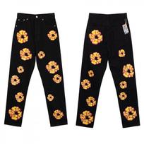 2024 Embroidered Kapok Flower Loose Straight-Leg Unisex Jeans - Trendy Casual Couple Pants Small brown