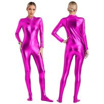 S-3XL Moteriškas blizgus metalinis Zentai kombinezonas visam kūnui, su paaukštintu kaklu, ilgomis rankovėmis, užtraukiamas priekyje, Unitard, skirtas pasirodymams ir klubui S karšta rožinė spalva