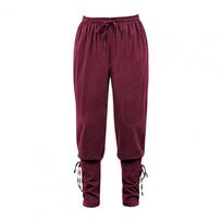Men Pants Medieval Vikings Pirate Ankle-banded Lace-up Strap Elastic Waist Pleated Relaxed Fit Solid Hue Cropped Trousers Cosplay B Practical Use M vyno raudonos spalvos