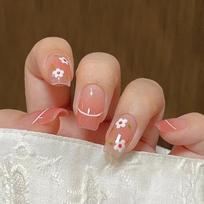 24Pcs Short Round Coffin Press On Nails With Glue Halo Dye Pattern Artificial Square Head Fake Nail Tips gray
