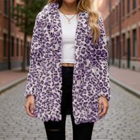 Women's Winter Thickened Double-sided Velvet Stand Collar Loose Leopard Print Plush Zipper Jacket M violetinė