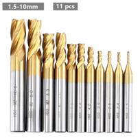 1.5-10mm End Mill Set 7pcs/11pcs 4 Flutes Titanium Coated High Speed Steel CNC Mill Cutter Tool for Wood Metal Steel 1.5-10mm(11pcs)