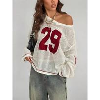 KOSY Y2K Style Sports Jersey Women's Knitted Tops Fashionable Digital Printed Round Neck Long Sleeve Jumper Summer Street Trend L raudona