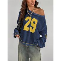 KOSY Y2K Style Sports Jersey Women's Knitted Tops Fashionable Digital Printed Round Neck Long Sleeve Jumper Summer Street Trend M mėlyna