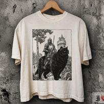 Knight Cat Rider Cropped Boxy Tee, Vintage Medieval Cat Crop Top, Retro Fantasy Graphic Shirt, Funny Grimdark Meme Tee, Fairycore Boxy Crop 150 white