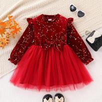 Girls' Autumn and Winter Dress Long Sleeve Round Neck Bronzing Bow Mesh Splicing Long Skirt Princess Dress 23Y raudona