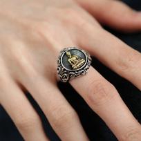 Vintage S925 Sterling Silver Adjustable Buddha Ring for Women – Heavy Craftsmanship, Aged Look, Premium Quality Open Adjustable brown