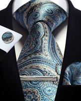 Vyrų kaklaraiščių rinkinys Šilkinis Sidabrinis su paisley gėlėmis Kaklaraištis ir nosinaitė Rankogalių sąsagėlės Kaklaraiščio segtukas Klasikiniai formalūs kaklaraiščiai vyrams Vestuvės Šventė gray