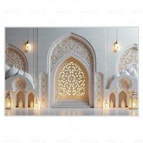 MOON.QG Ramadan Interior Backdrop Carved Archway Window White Mosque Background Photocall Festival Poster Photozone Photo Studio 150x100cm gray