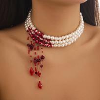 DIEZI Goth Multilayer Red Blood Imitation Pearl Choker Statement Necklace For Women Vintage Crystal Bead Halloween Jewelry brown
