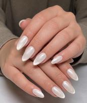 TheBlingNails | Premium Handmade Iridescent Creamy White (Pearl Aurora) Cat Eye Velvet Press-on Nails, Luxury Shimmer Finish, Almond Shape | Elega beige