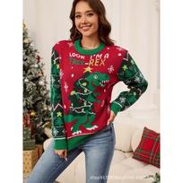 Womens Christmas Knit Sweater With Santa Motif Crew Neck Long Sleeve Pullover Elegant Casual Winter Top Large red