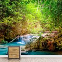 Lush Forest Waterfall Wallpaper Stream Sunlit  Tropical Nature Landscape Wall Mural 380 cm(W) x 260 cm(H) yellow