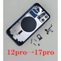 Pilnai surinktas plokščias „pasidaryk pats“ korpusas, skirtas iPhone 12 iki 17 Pro, 12 Pro važiuoklės konvertavimas į blizgantį 17 Pro 12 Pro Max, panašų į 17 Pro Max 12 to 17 pro mėlyna