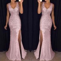 Suknelė su aukštu skeltuku Moteriška Sequin Prom vakarėliui Elegantiška panelė Atvira nugara Seksuali suknelė Moteriška Auksinė Elegantiška Vestuvių palydovė V formos iškirptė Ilga suknelė M rožinė