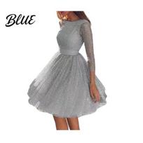 Women Gown Glitter Starry Tulle Prom Dress for Long Sleeve Crew High Waist Cocktail Neck Formal Evening Mesh Party Short Shiny Fabric M pilka