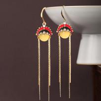 Elegant Tassel Earrings: Retro Red Peking Opera Mask Design for Women gray