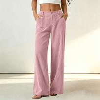 Women's Corduroy Dress Pants with Elastic Waist and Single Button Closure, Color Work Trousers L rožinė