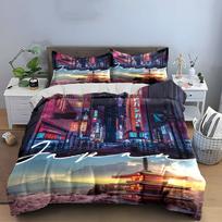 Japan Landscape Art Prints Bedding Set with 1 Duvet Cover 2 Pillowcases Single Double King Queen, Gift EU Twin 135X200cm&set gray