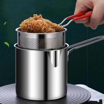 Small frying pan with stainless steel frying basket for household use, multifunctional cooking tool for fried chicken gray