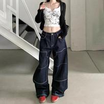 Unisex Retro Contrast Stitch Straight-Leg Denim Jeans 2XL tamsiai mėlyna spalva