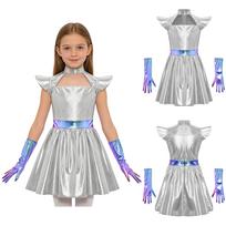 Vaikų mergaičių ateivio kostiumas Cosplay, su išpjovomis, skraidančiomis rankovėmis, metalinis A formos suknelės su pirštinėmis, Helovino, robotų, kosmoso vakarėliui 5-6 Years sidabras
