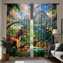 Dinozaurų užuolaidos 2 vnt. – T-Rex ir Juros periodo džiunglių scena, Realistiškas priešistorinio gyvūno spaudinys vaikų miegamojo ir žaidimų kambario dekoravimui 130×210