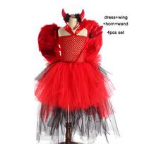 Mergaičių velnio raganos tiulio karnavalinė suknelė su ragais, sparnais, lazdele, raudona juoda klostėta Halloween kostiumas vaikams, Cosplay, karnavalinės šventės suknelės S(2-3T) red