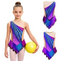 Vaikų ritminės gimnastikos triko be rankovių tinklinės detalės, užsegamas tarp kojų, su kalnų krištolu, spalvų blokai, bodis varžyboms, scenos pasirodymams 13-14 Years mėlyna