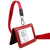 Business Doctors Badge Holder Cowhide Leather Work Card Case ID Card Holder  Office Supplie Red-Horizontal red