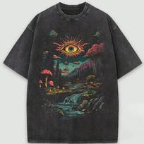 Hot Retro Trippy Mushroom Eye Tshirt Men Women Washed Black Oversized Casual Streetwear Psychedelic Graphic Tops Short Sleeve XL black