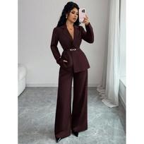 Womens 2026 Slim-Fit Tailored Blazer Wide-Leg Pants 2-Piece Set Office Chic Fall XL black
