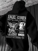 Men'S Retro Streetwear Hoodie with Angel Collage Back Print Loose Fit Round Neck Suitable for Casual Wear, Washable Urban Fashion S gray