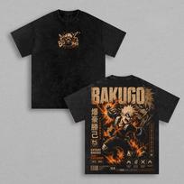 2026 My Hero Academia Katsuki Bakugo Double Sided Print T-Shirt, Vintage Washed Cotton Loose Casual Oversized Tee for Adults Y2K M black
