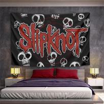 Red jagged  Slipknot  text with scattered white skulls on black background. Patterned tapestry for bedroom and living room home decor 100x150cm(39x59in)