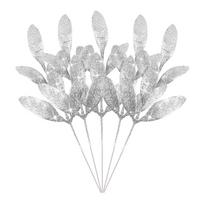 Glitter Artificial Leaf Stem Gold Silver Fake Leaves Branches for Christmas Wreath Garland Wedding Party Home DIY Decor Supplies 5PCS gray