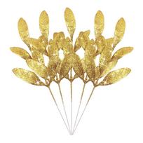 Glitter Artificial Leaf Stem Gold Silver Fake Leaves Branches for Christmas Wreath Garland Wedding Party Home DIY Decor Supplies 10PCS